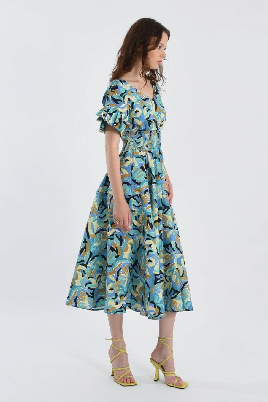 Clothing * | Abstract Print Midi Fit And Flare Dress Hot Sell