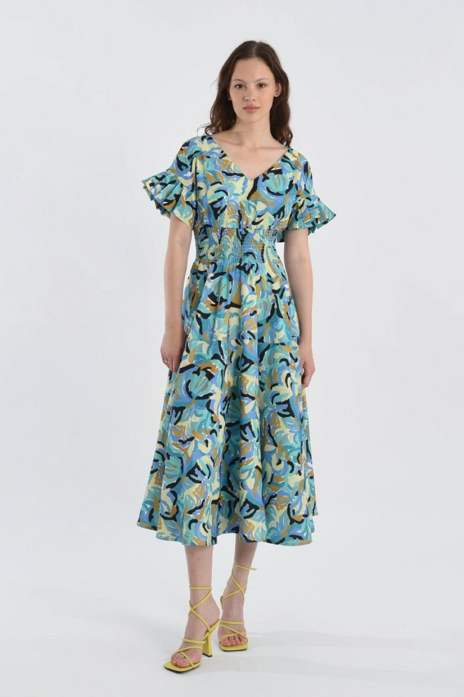 Clothing * | Abstract Print Midi Fit And Flare Dress Hot Sell