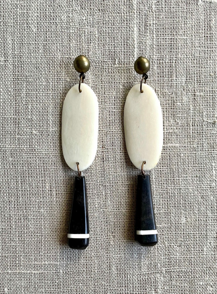 Accessories * | Hand-Carved Bone Ellipse And Pendant Earring Lower Price