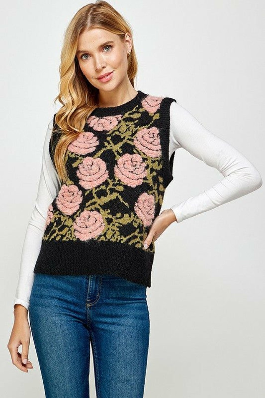 Clothing * | Floral Jacquard Sweater Vest Hot Sell