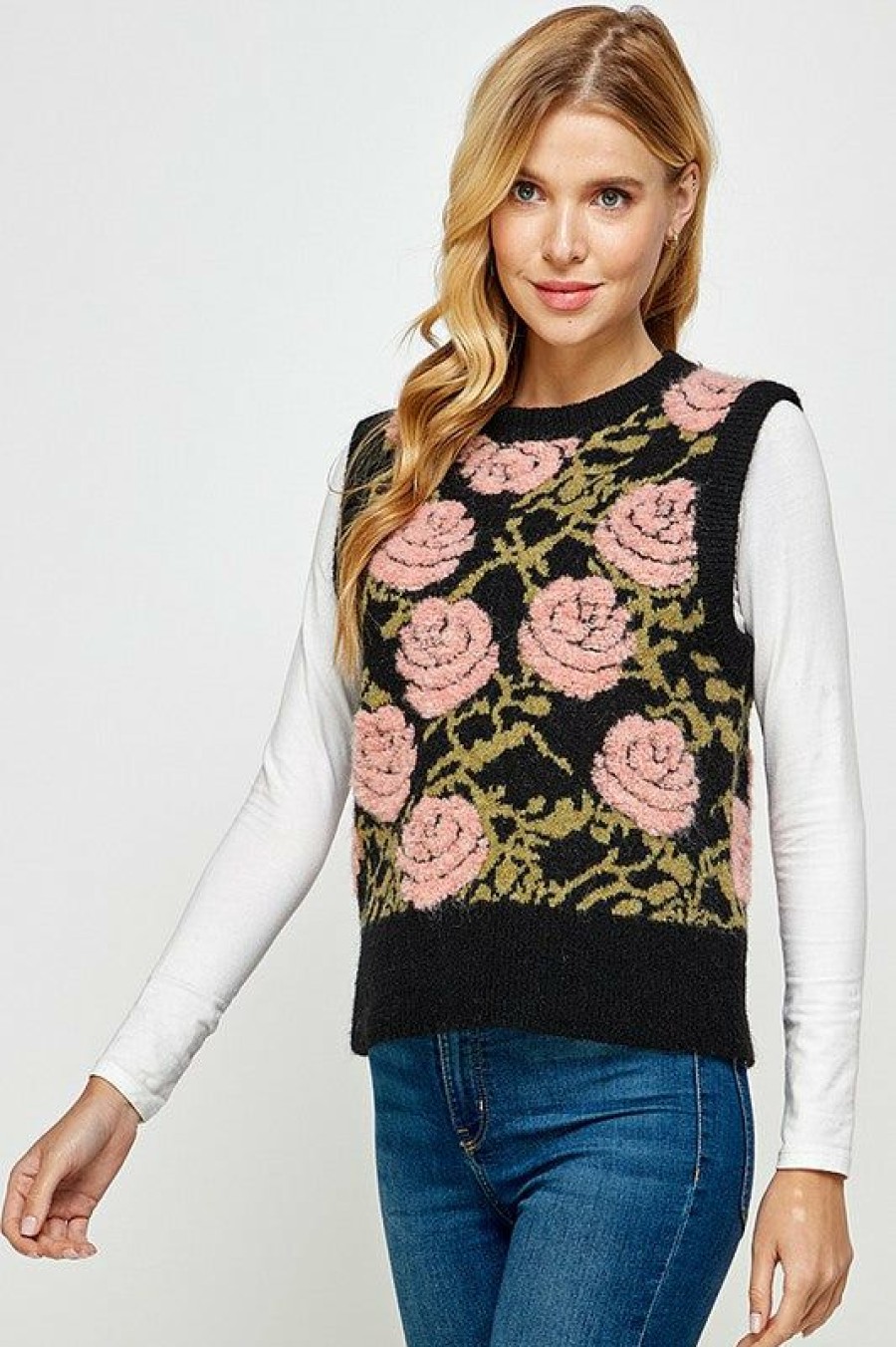 Clothing * | Floral Jacquard Sweater Vest Hot Sell