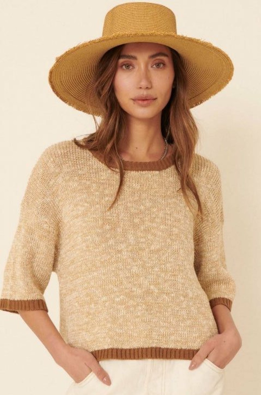 Clothing * | Two Tone Knit Short Sleeve Sweater Classical