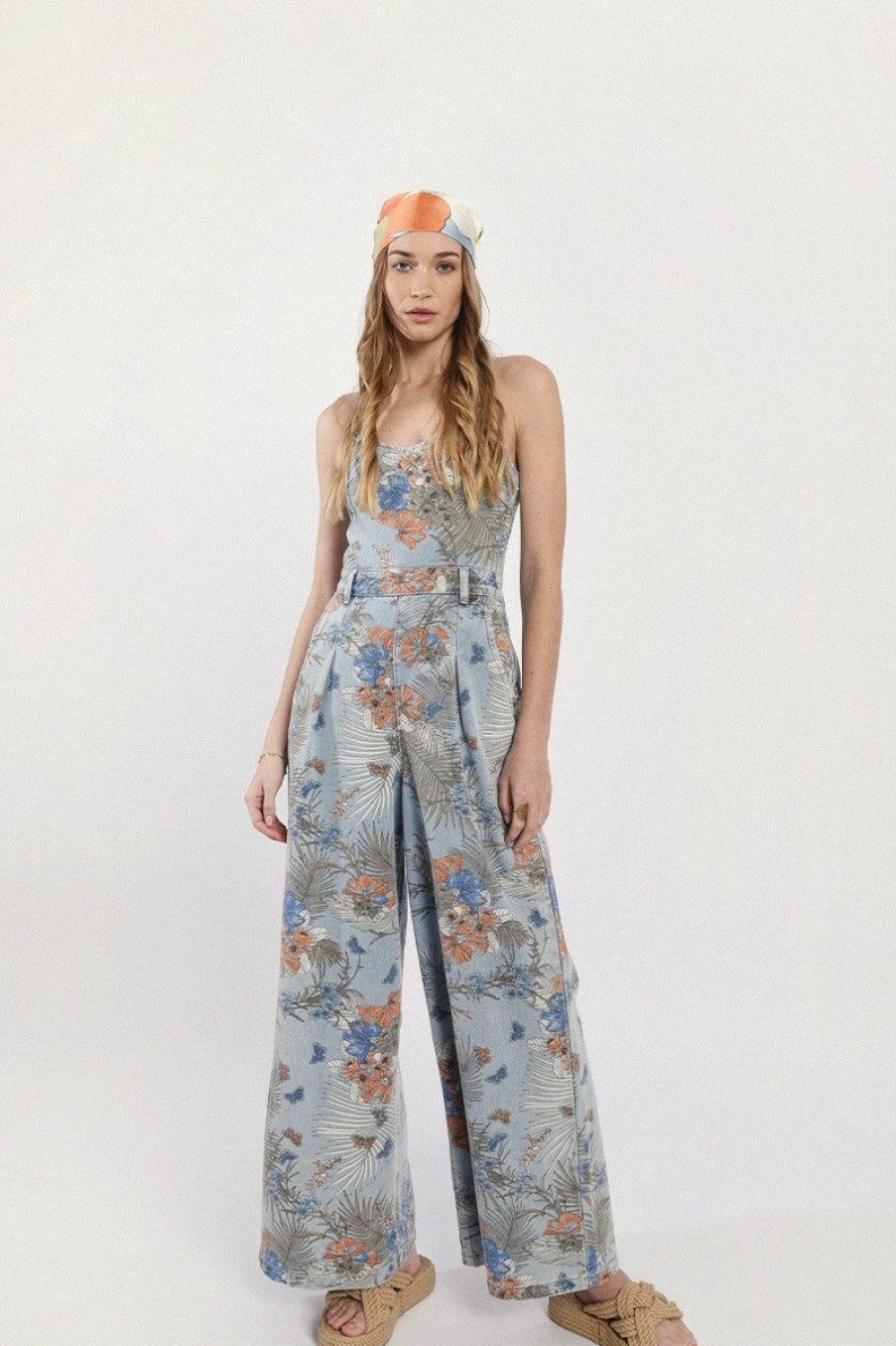 Clothing * | Floral Print Denim Jumpsuit Best-Selling