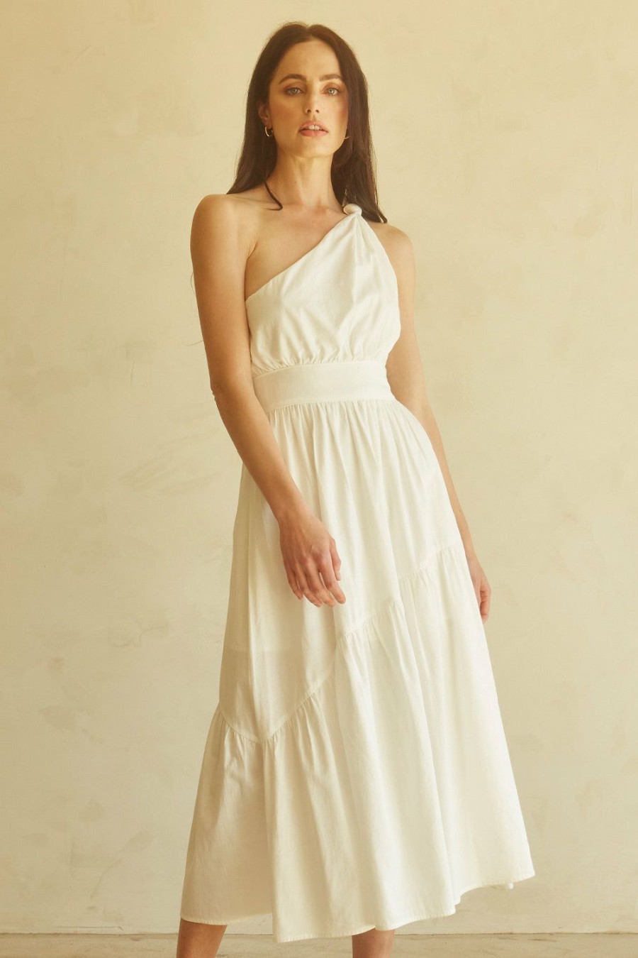 Clothing * | Leda One Shoulder Linen Midi Dress Hot Sell