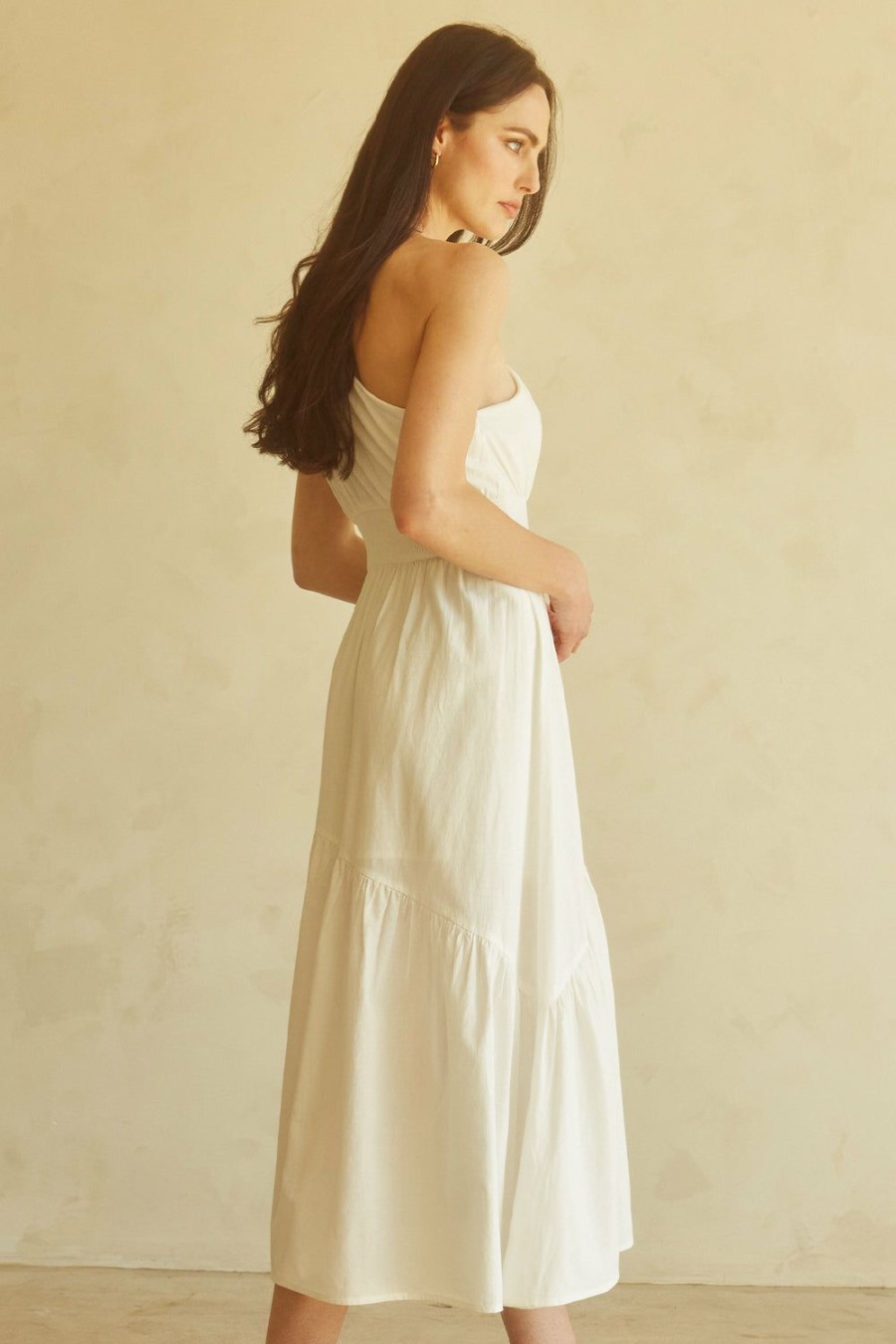 Clothing * | Leda One Shoulder Linen Midi Dress Hot Sell