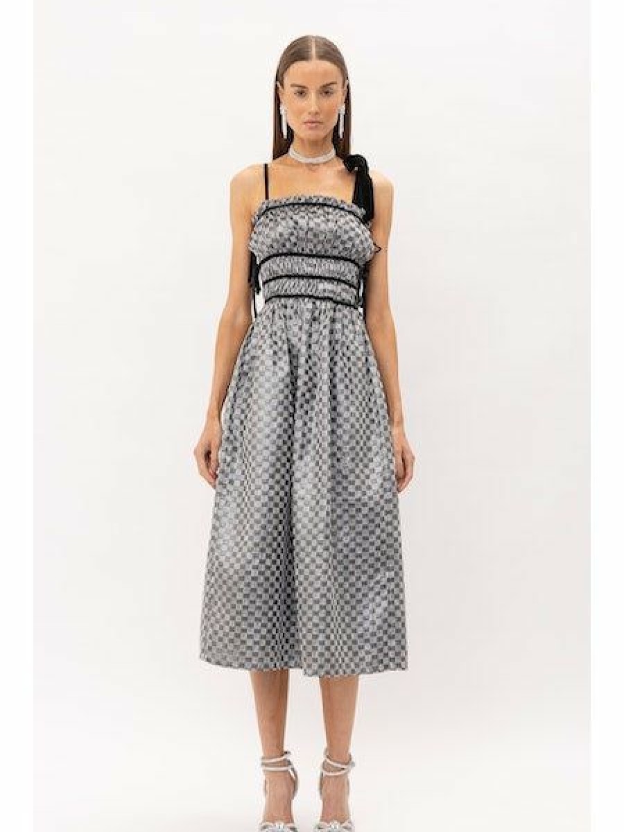 Clothing * | Claire Checkered Jacquard Ruched Midi Dress Best-Selling