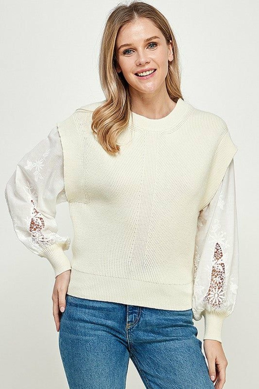 Clothing * | Lace Sleeve Knit Sweater Online