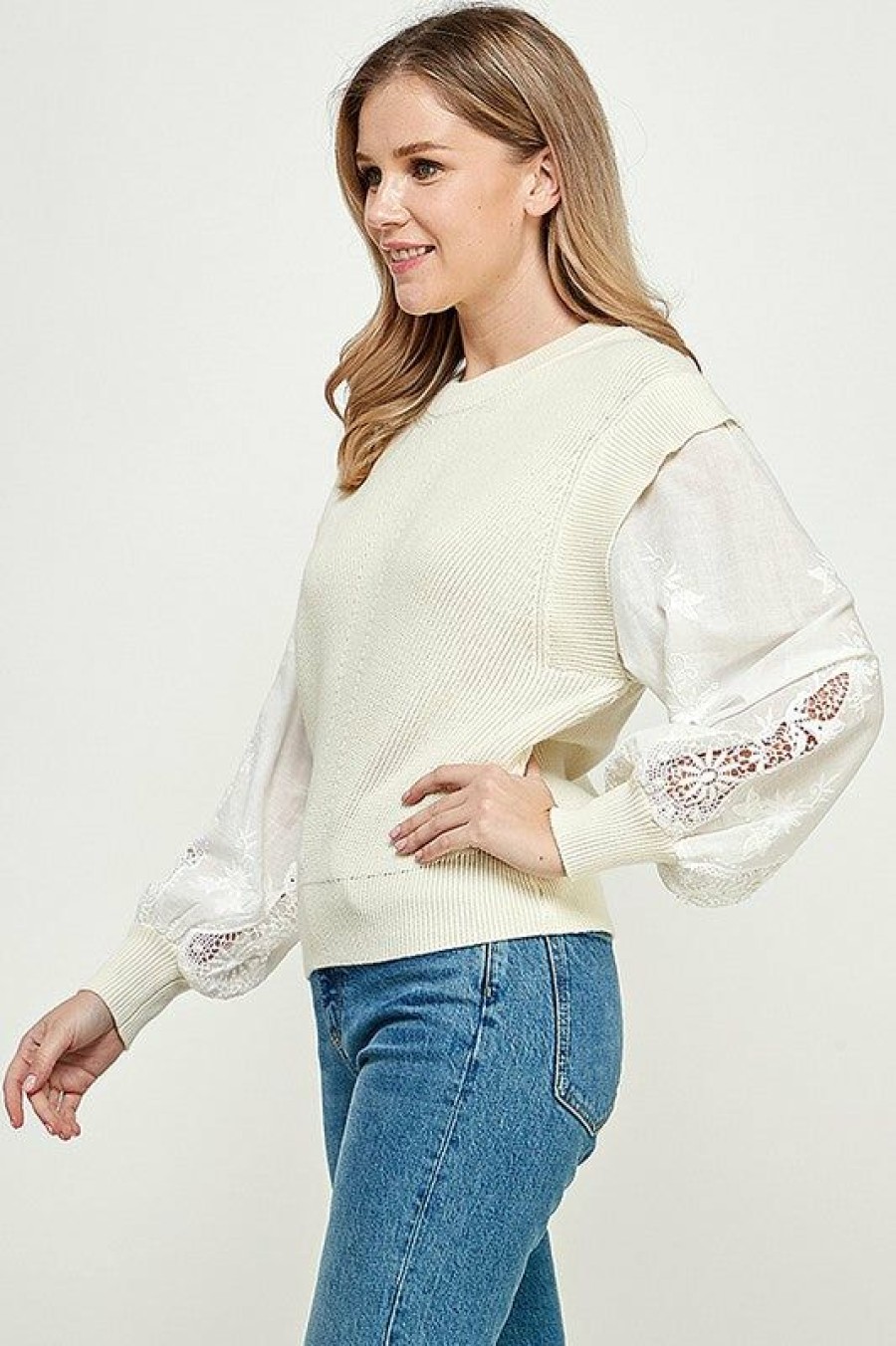 Clothing * | Lace Sleeve Knit Sweater Online