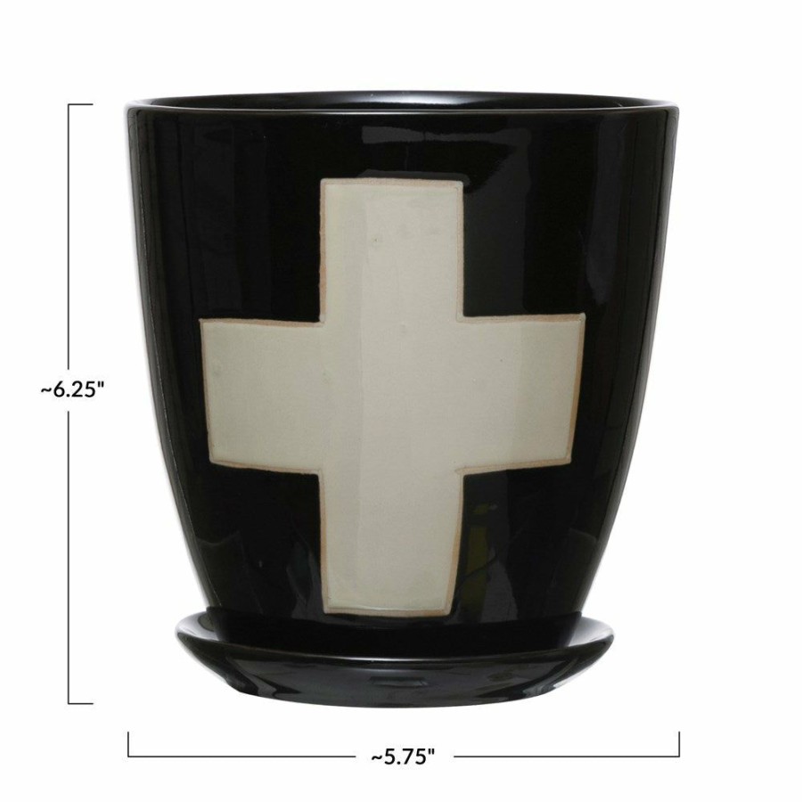 Accessories * | Stoneware Swiss Cross Planter & Saucer Official