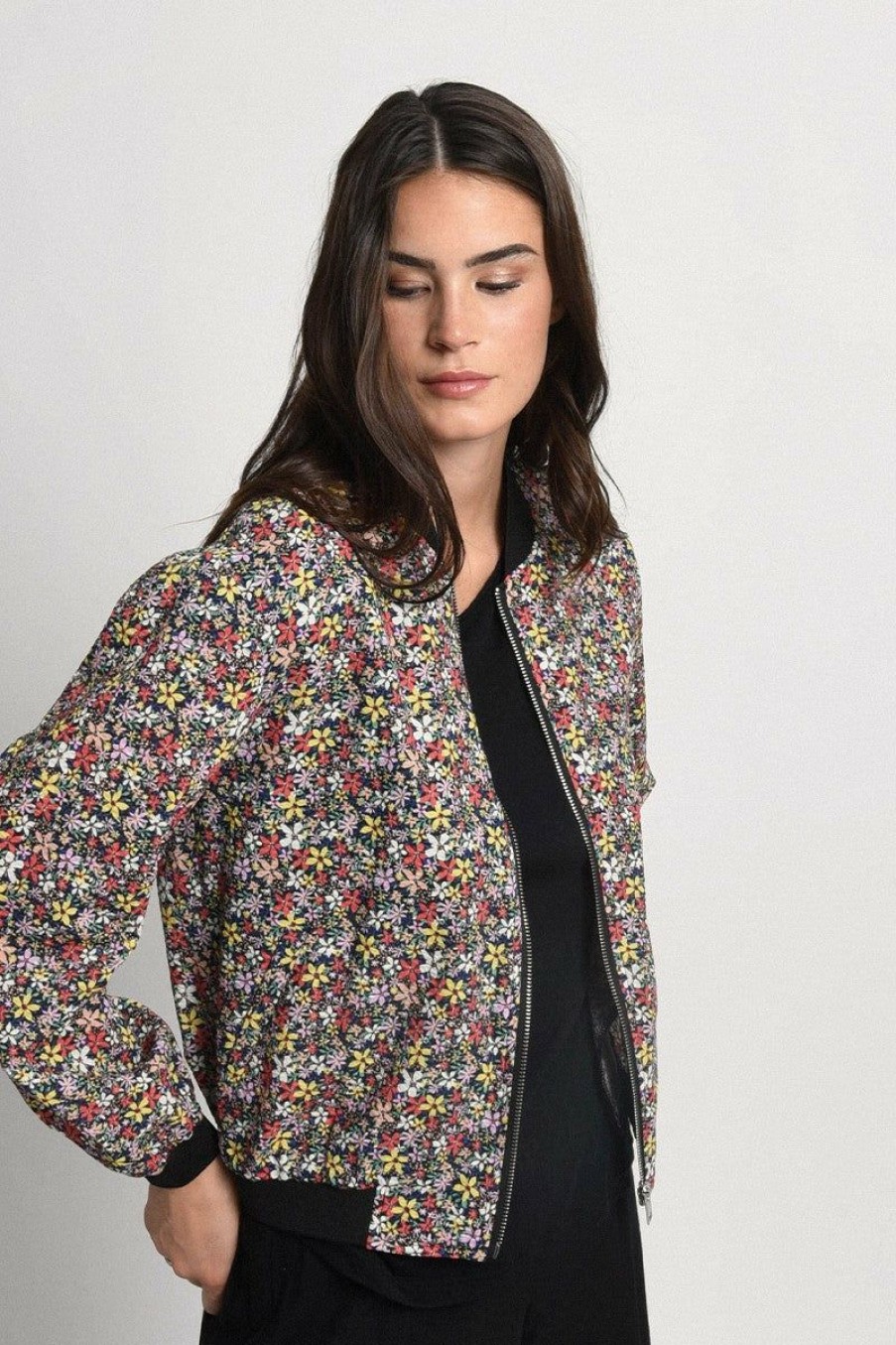 Clothing * | Floral Print Zippered Jacket Promotion