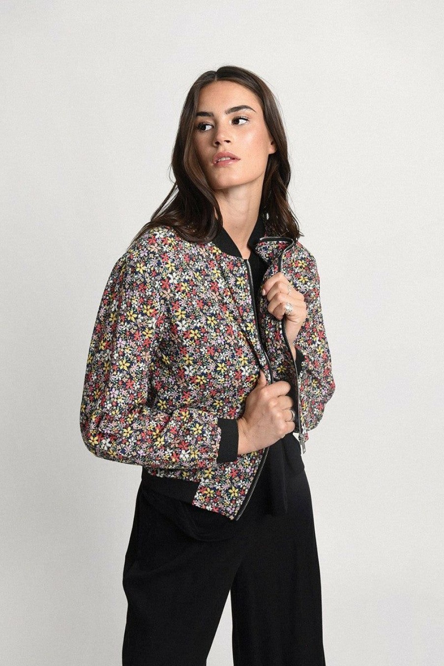 Clothing * | Floral Print Zippered Jacket Promotion