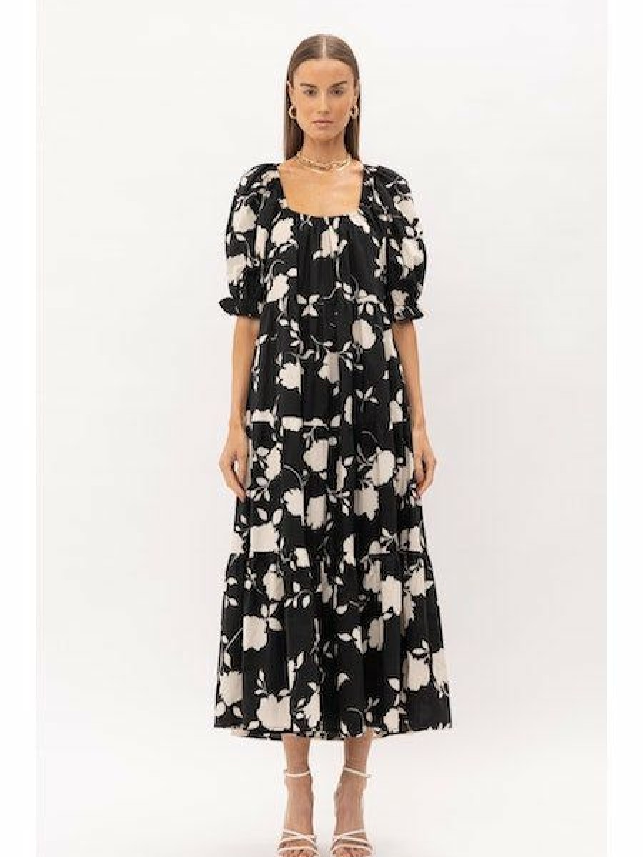 Clothing * | Isla Floral Print Midi Dress With Puff Sleeves Sale Online