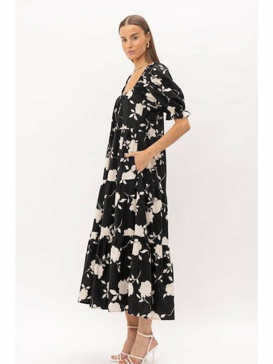 Clothing * | Isla Floral Print Midi Dress With Puff Sleeves Sale Online