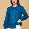 Clothing * | Ruffle Collar Indigo Button Down Shirt Best Sale