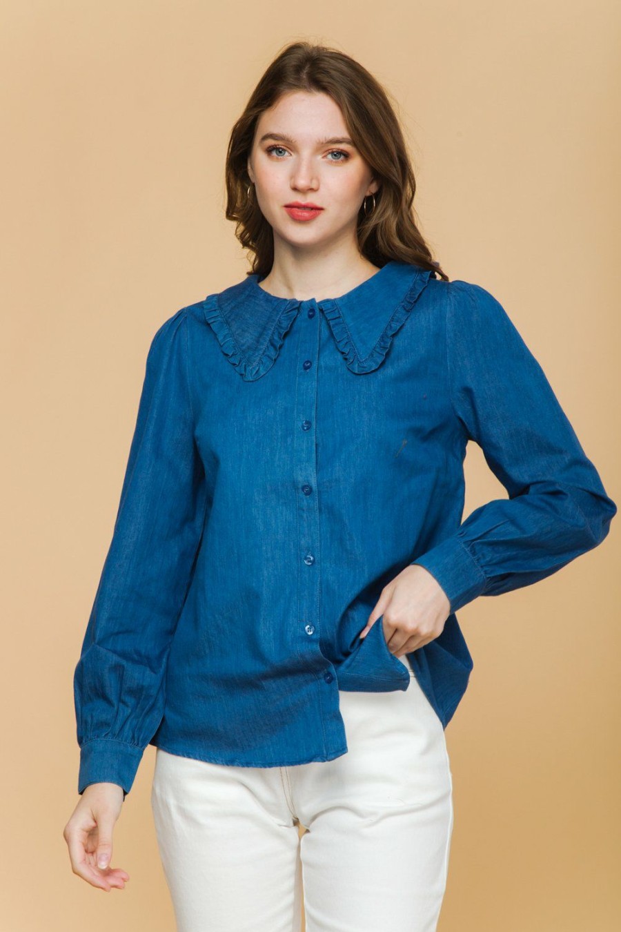 Clothing * | Ruffle Collar Indigo Button Down Shirt Best Sale