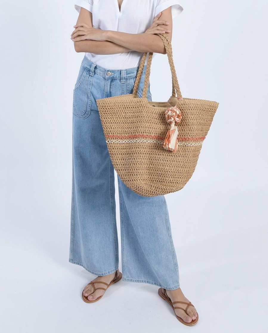 Accessories * | Woven Tote Bag With Pom Pom Tassel Fire Sale