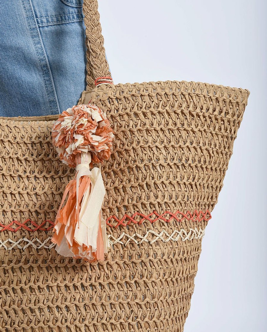 Accessories * | Woven Tote Bag With Pom Pom Tassel Fire Sale