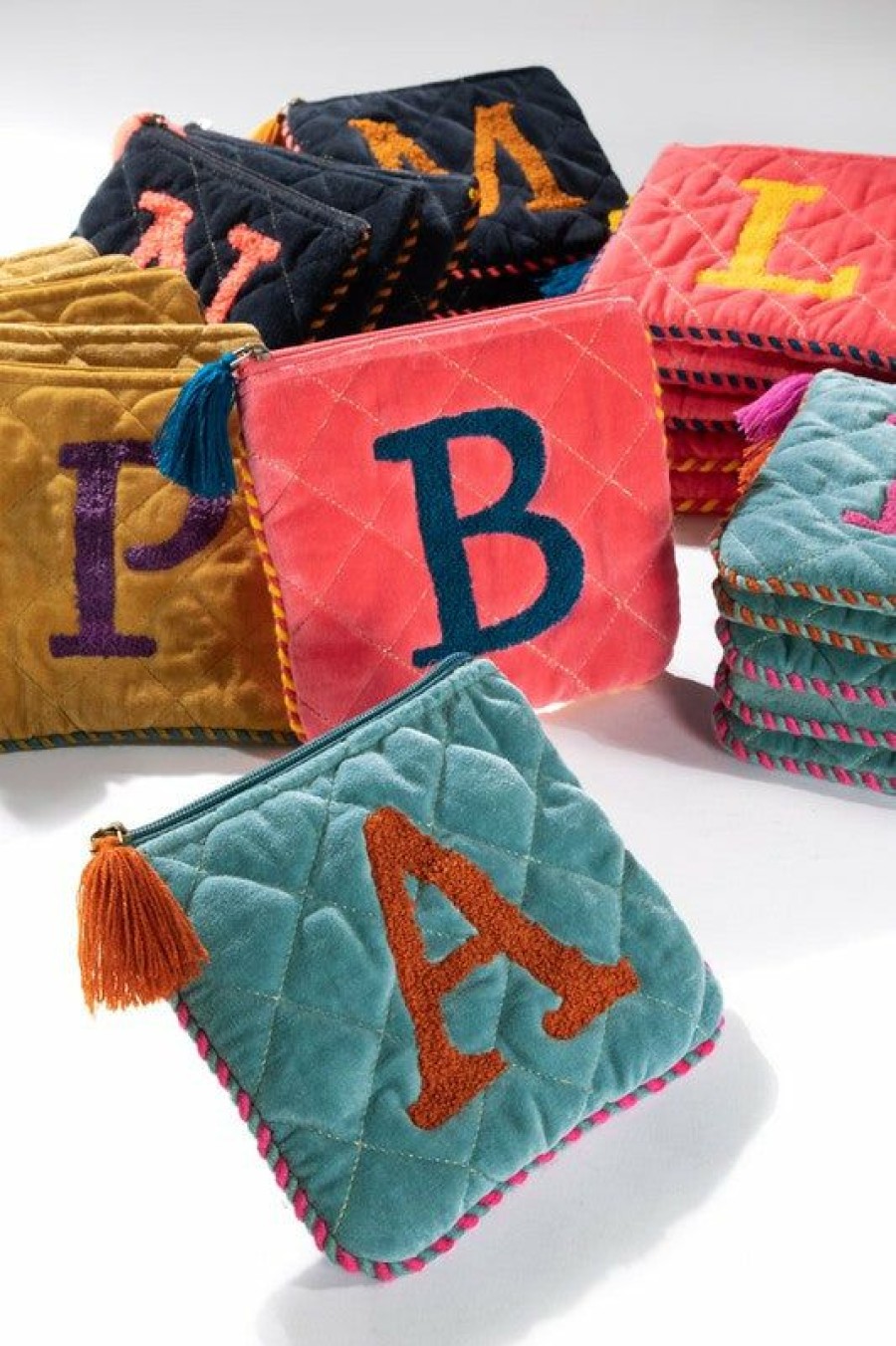 Accessories * | Hand Embroidered Initial Velvet Pouch Special Offers