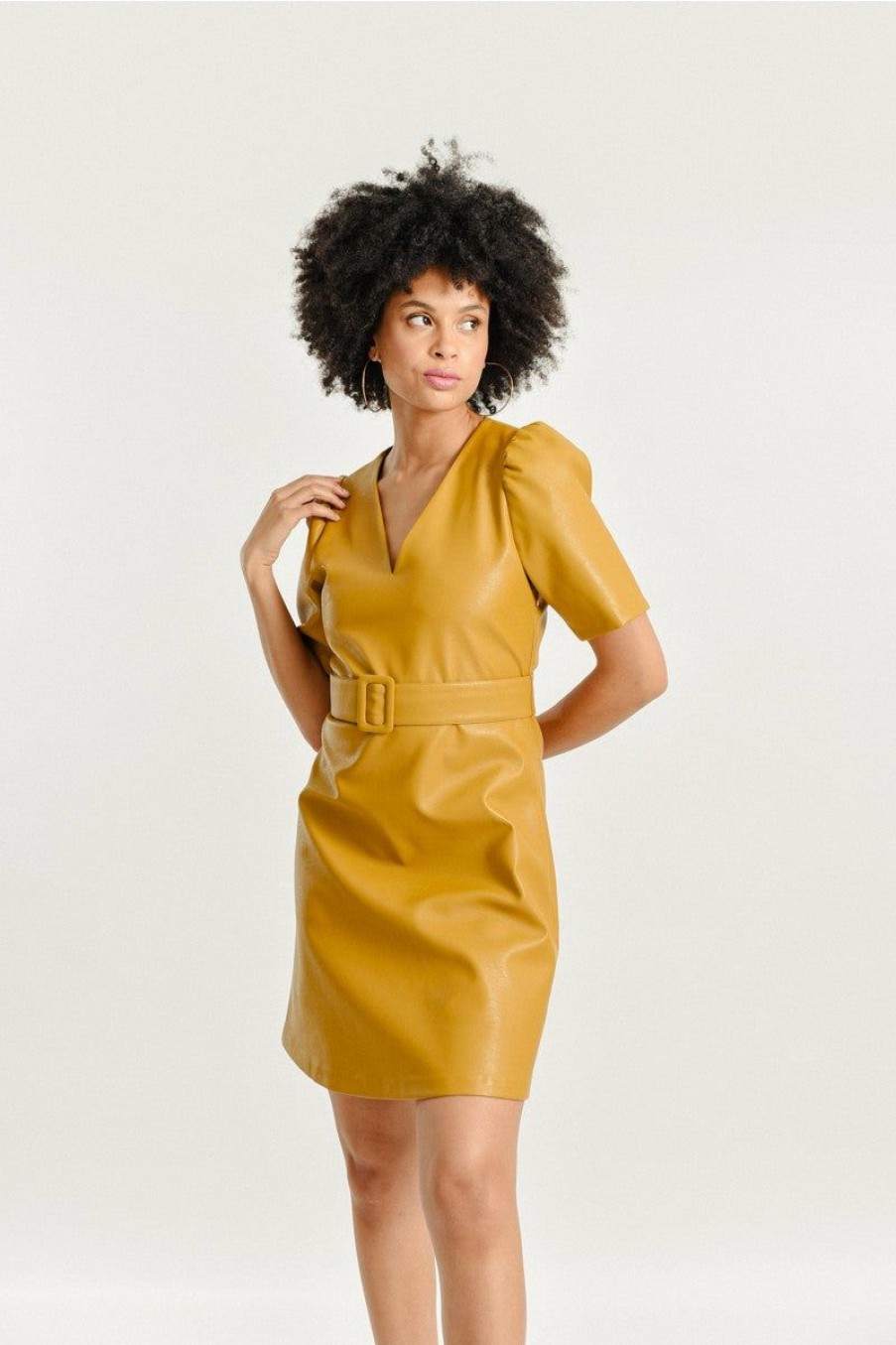 Clothing * | Belted Faux Leather V-Neck Dress Best Sale