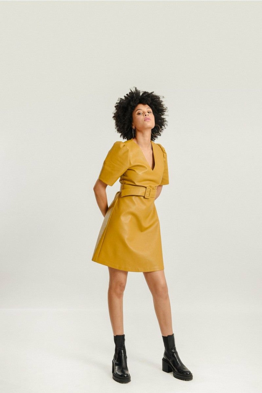 Clothing * | Belted Faux Leather V-Neck Dress Best Sale