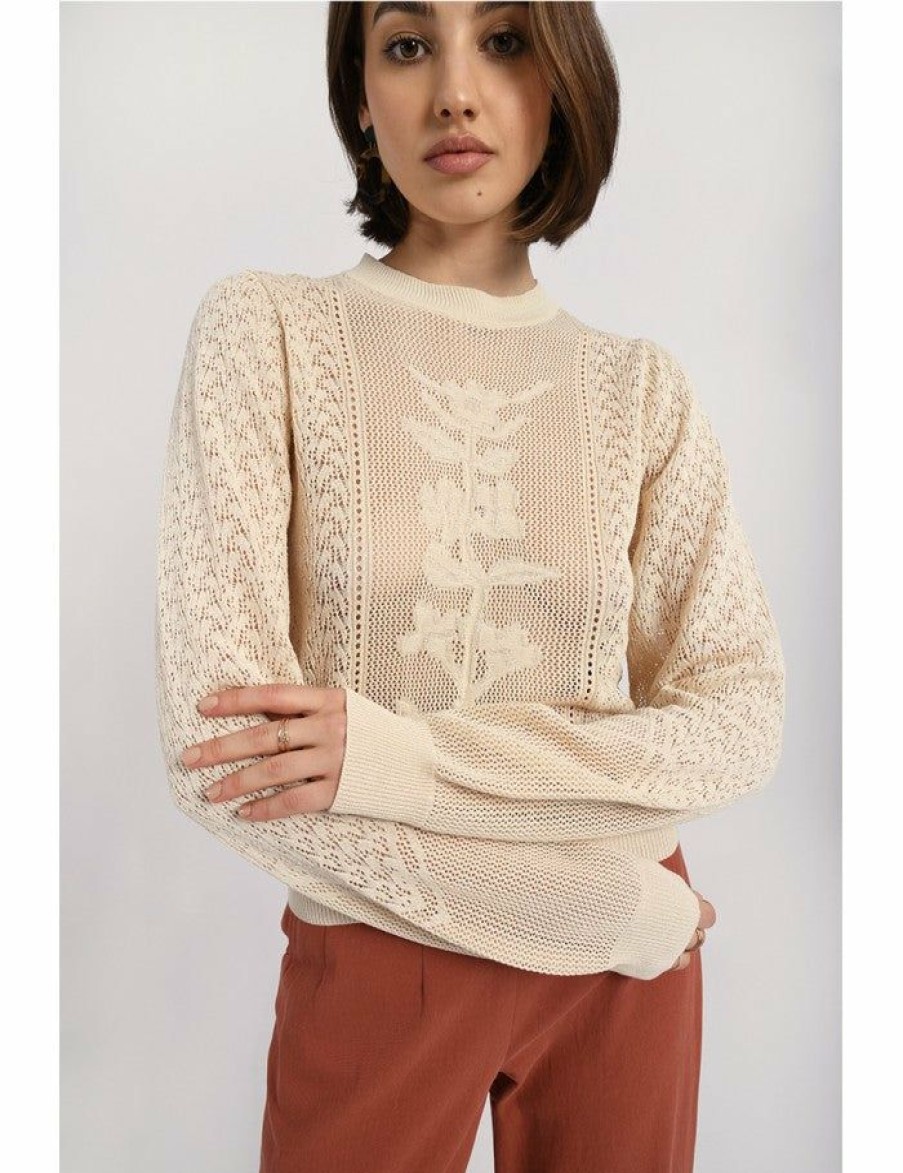 Clothing * | Pointelle Floral Crewneck Sweater Discount Online